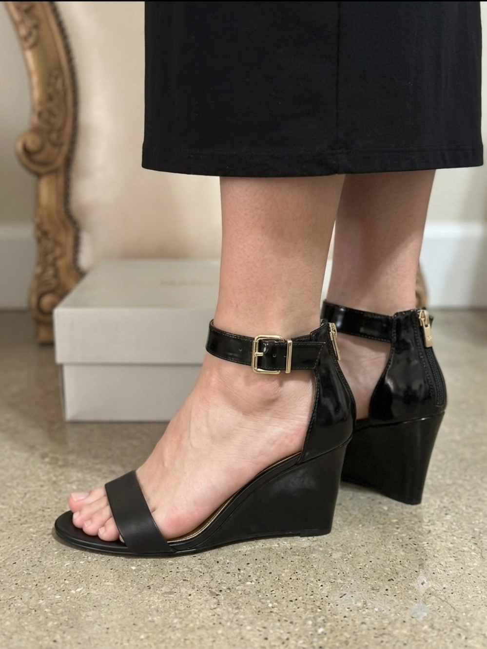 Marc Fisher Corri Wedge Black Sandals Size 8.5